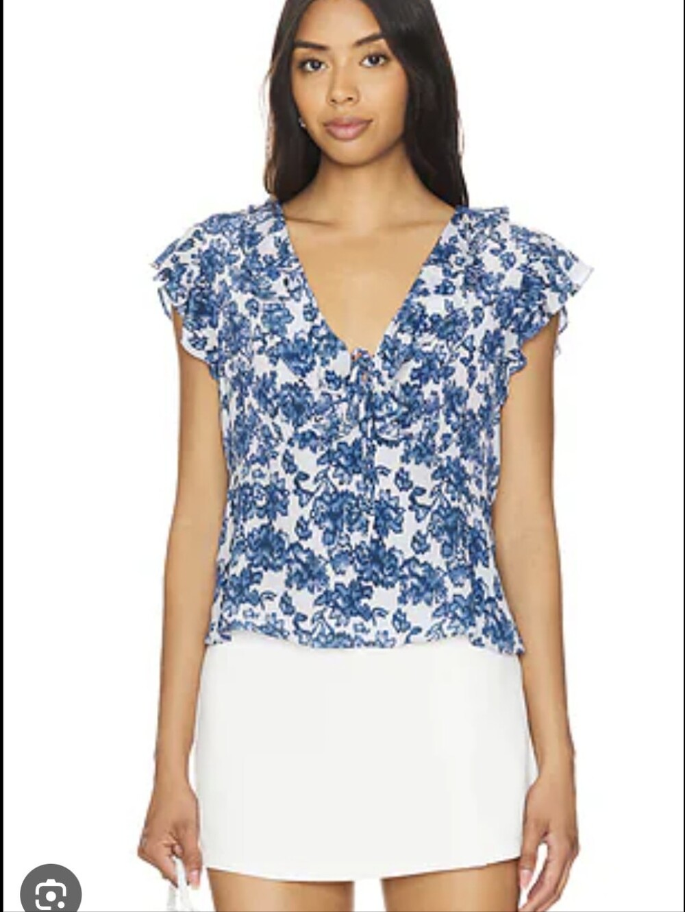 Rails Carmine Short Sleeve Ruffle Blouse Chambray Blue Floral Size Medium